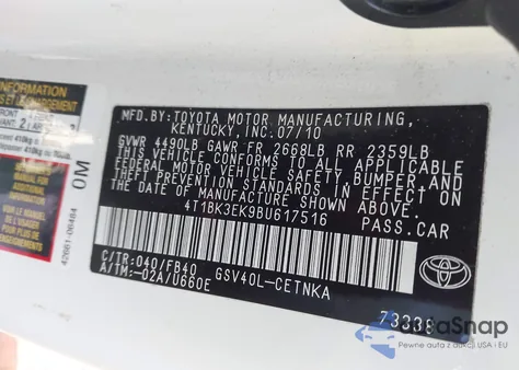 2011 Toyota Camry Le V6 z USA, uszkodzony, nr VIN 4T1BK3EK9BU617516